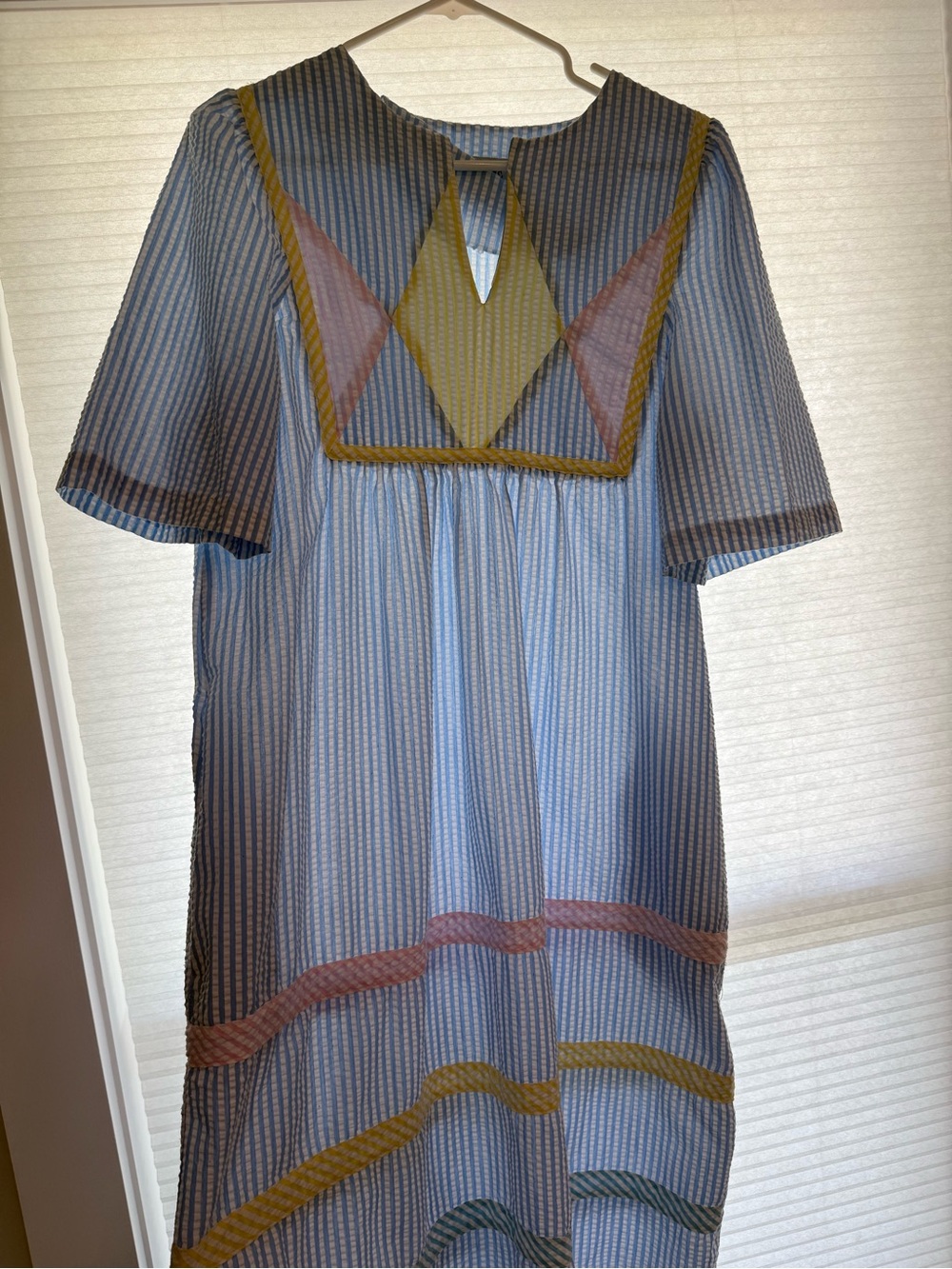 Vandemere Vintage Blue Striped Midi Dress with Multicolor Trim